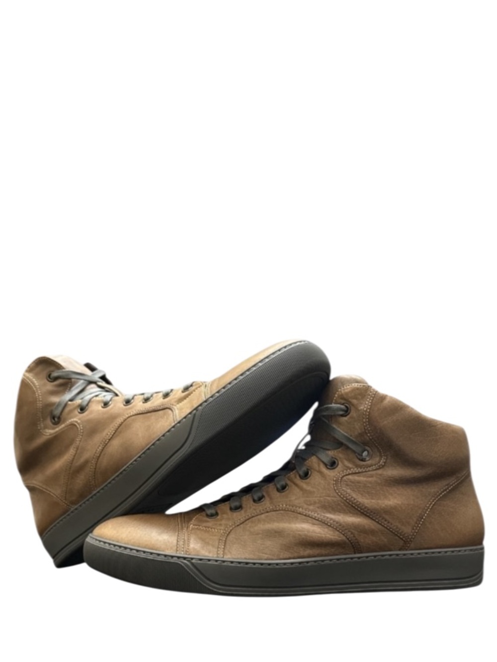LANVIN - BROWN MID-TOP ALL LEATHER SNEAKERS